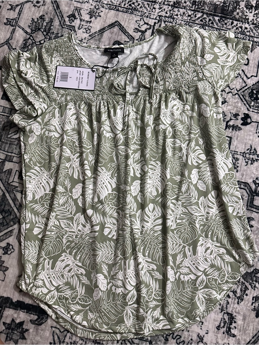 Women’s Olive Green Leaf-Print Smocked Neck Top -